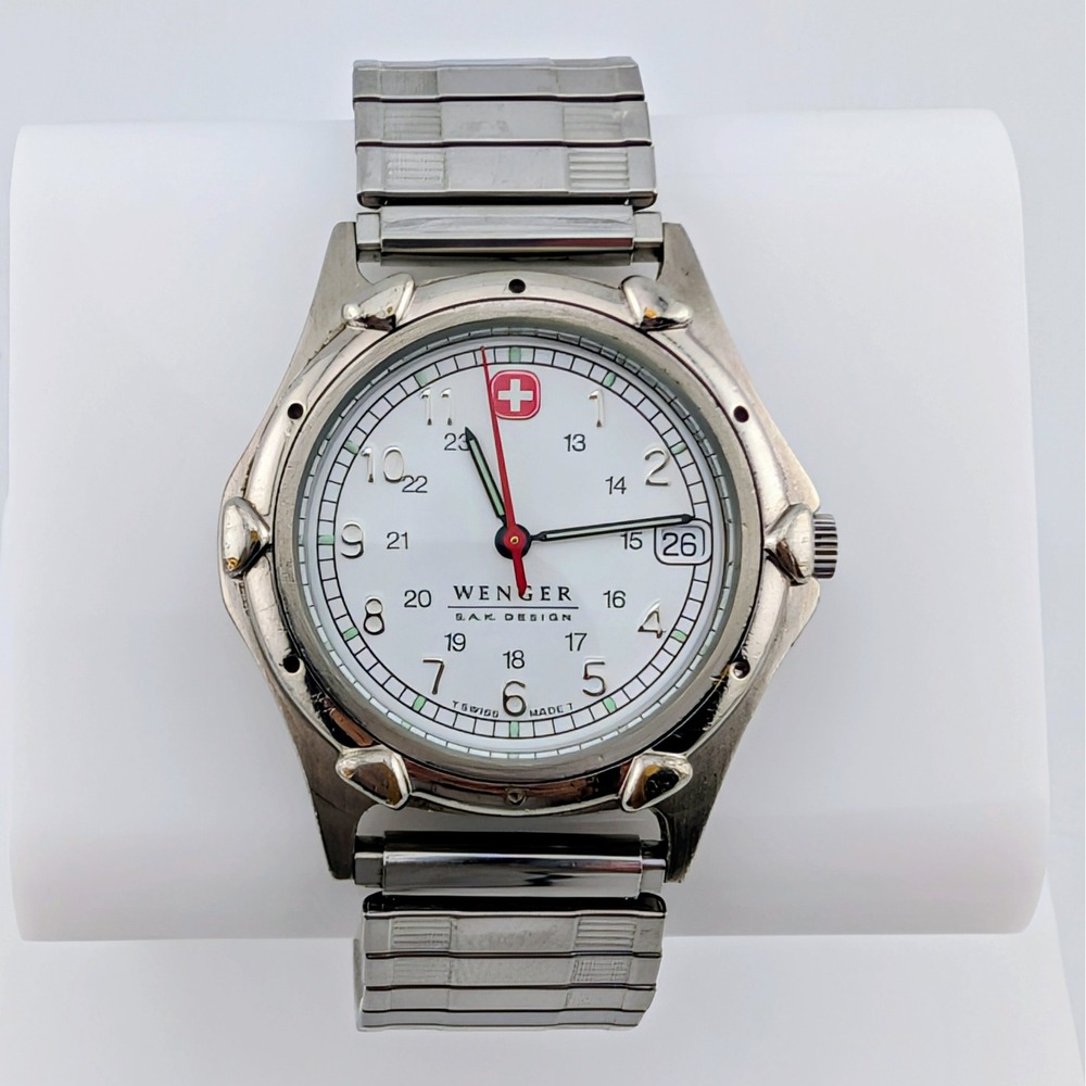 Wenger S.A.K. Design Vintage Swiss Quartz Date Watch White Dial Luminous 36mm
